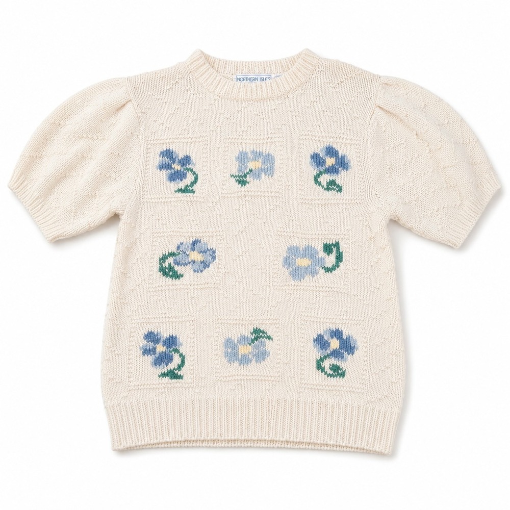 Vintage Northern Isles Women's L Hand Knit Floral Sweater Cream Short Sleeve...